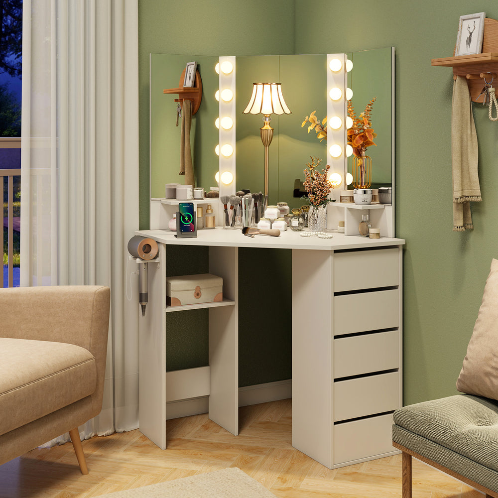Corner vanity desk in white with a lighted mirror, storage drawers, and power outlets, perfect for maximizing space.