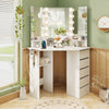 Corner vanity desk in white with 3-color LED lighted mirror, storage drawers, and power outlets for efficient space use.
