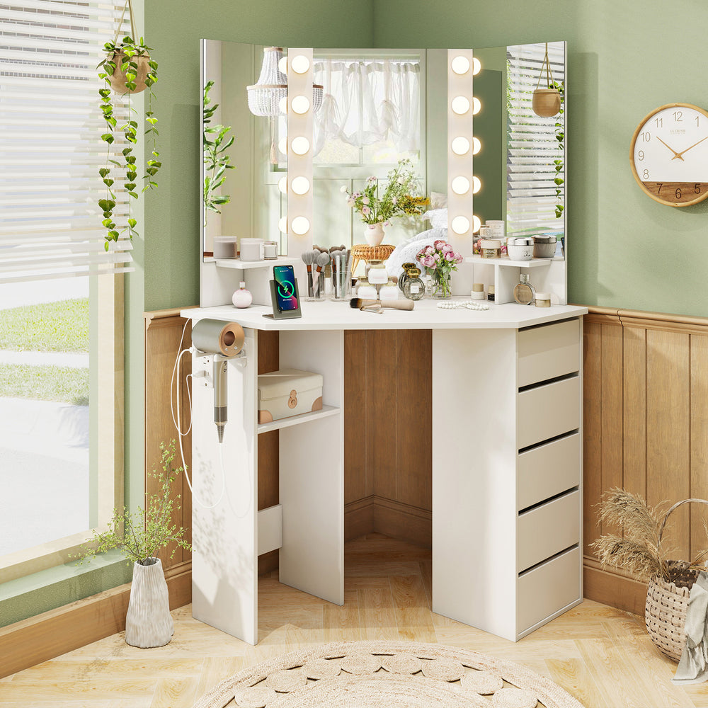 Corner vanity desk in white with 3-color LED lighted mirror, storage drawers, and power outlets for efficient space use.