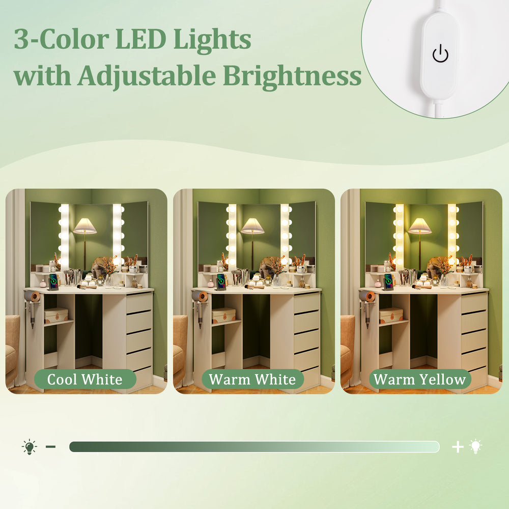Corner vanity desk featuring a lighted mirror with 3-color LED lights and adjustable brightness for versatile lighting.