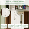 Corner vanity desk featuring a built-in charging station with 2 AC outlets, USB port, and type-C port for convenience.