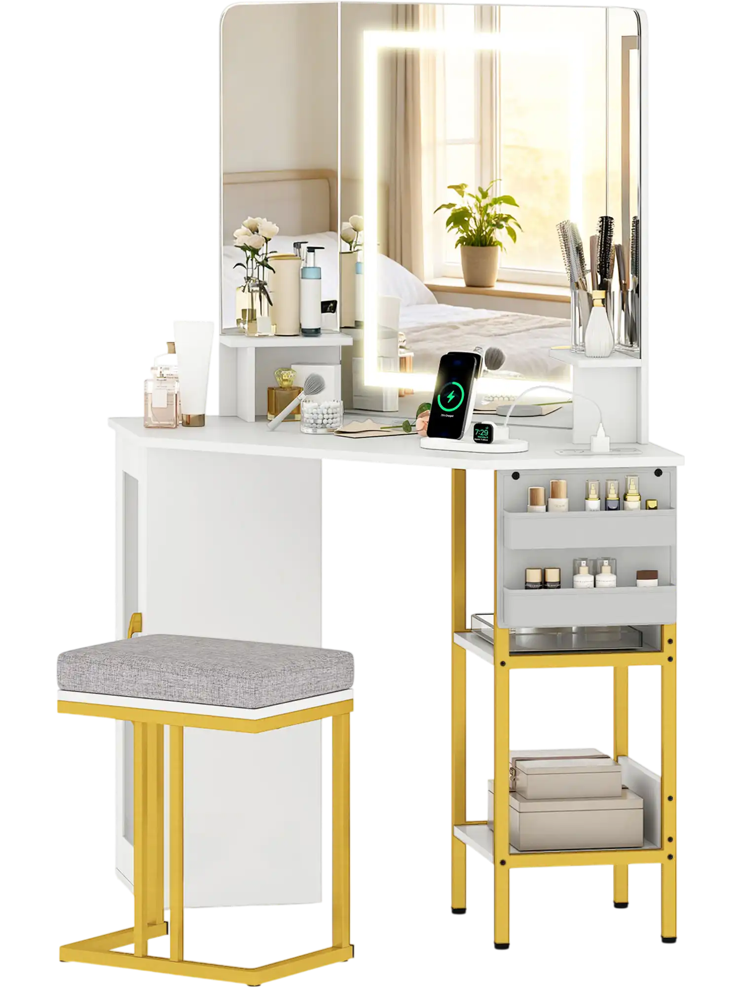 Costway Corner Vanity Desk w/ Triple Mirror & Lights 31677004 New