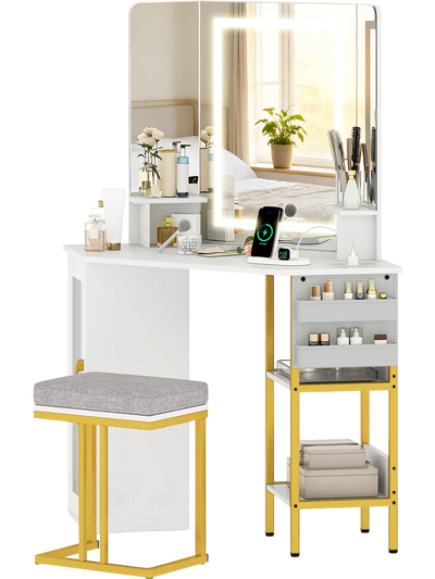 Costway Corner Vanity Desk w/ Triple Mirror & Lights 31677004 New