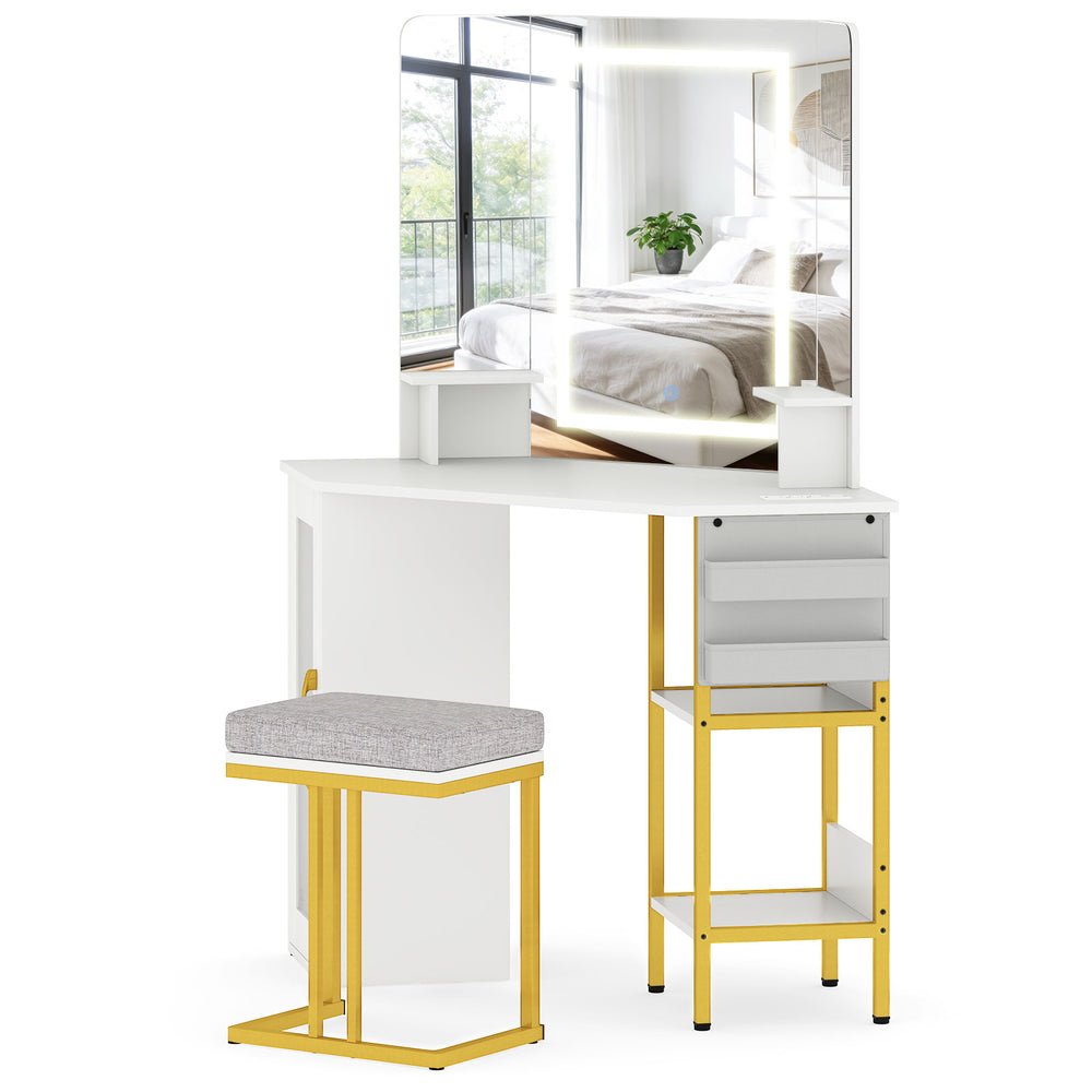 Corner vanity desk with triple mirror and adjustable lights, featuring a gold frame and storage for cosmetics and tools.