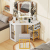 Corner vanity desk with triple mirror and lights, featuring adjustable brightness, storage for cosmetics, and a.