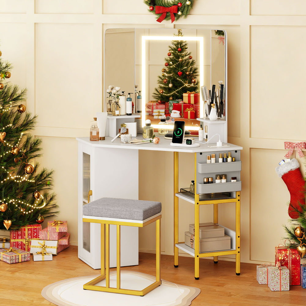 Corner vanity desk with triple mirror, featuring a stylish design and adjustable lighting for an optimal makeup.