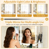 Corner vanity desk with triple mirror and adjustable lights, perfect for makeup application and space-saving storage.