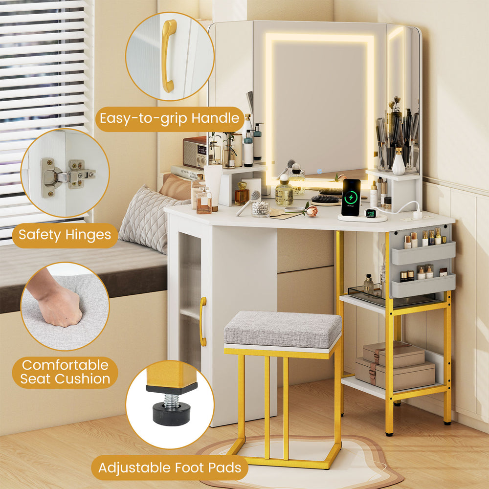 Corner vanity desk with triple mirror, adjustable lights, and comfortable stool for a stylish makeup setup.
