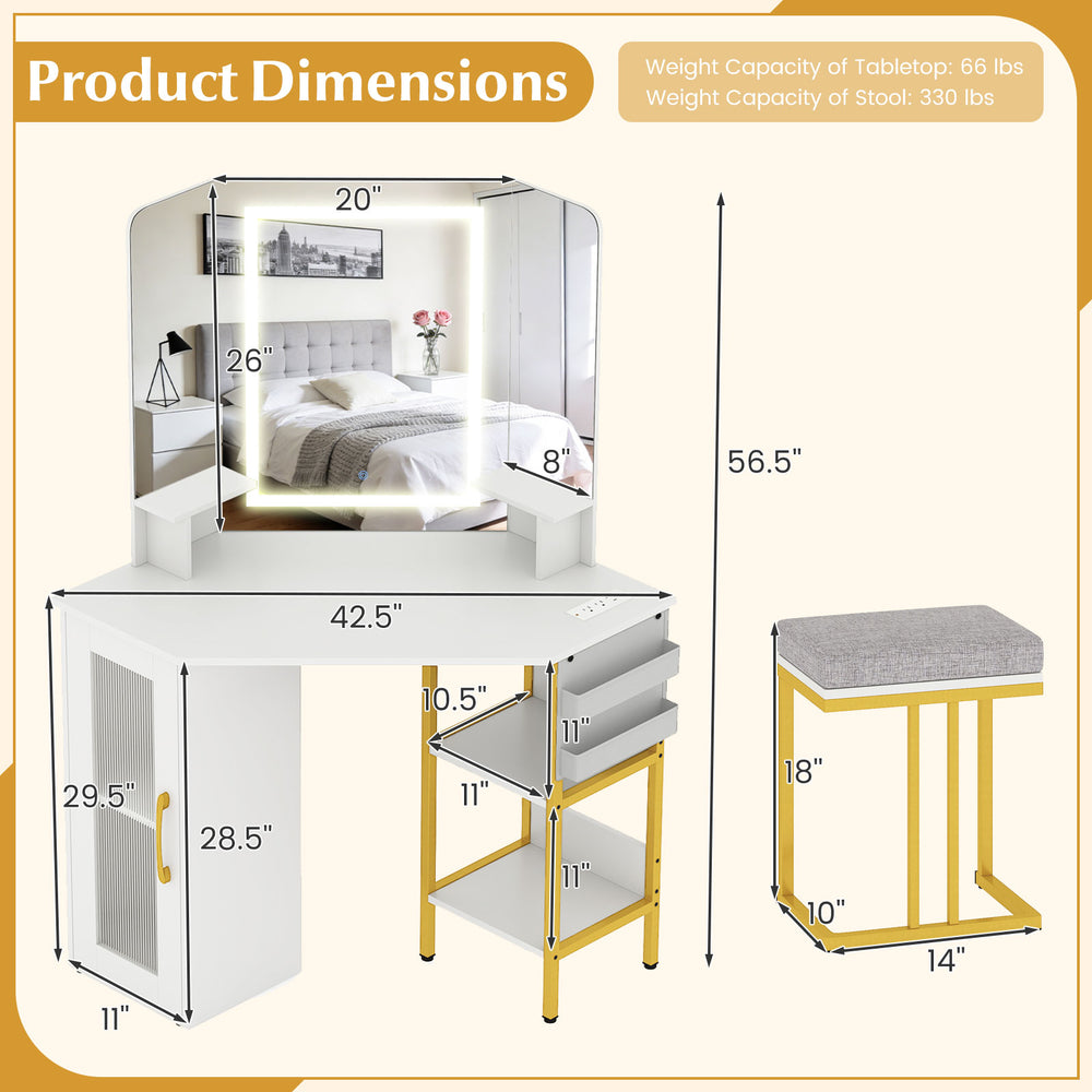 Corner vanity desk with triple mirror, adjustable lights, and storage, perfect for makeup in small spaces.