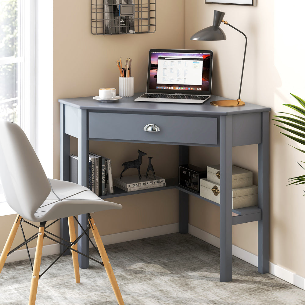 Corner Wooden Piece Laptop Computer Desk-Gray - Gallery View 1 of 9