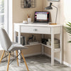 White corner wooden laptop desk with drawer and shelves, perfect for home office or study space.