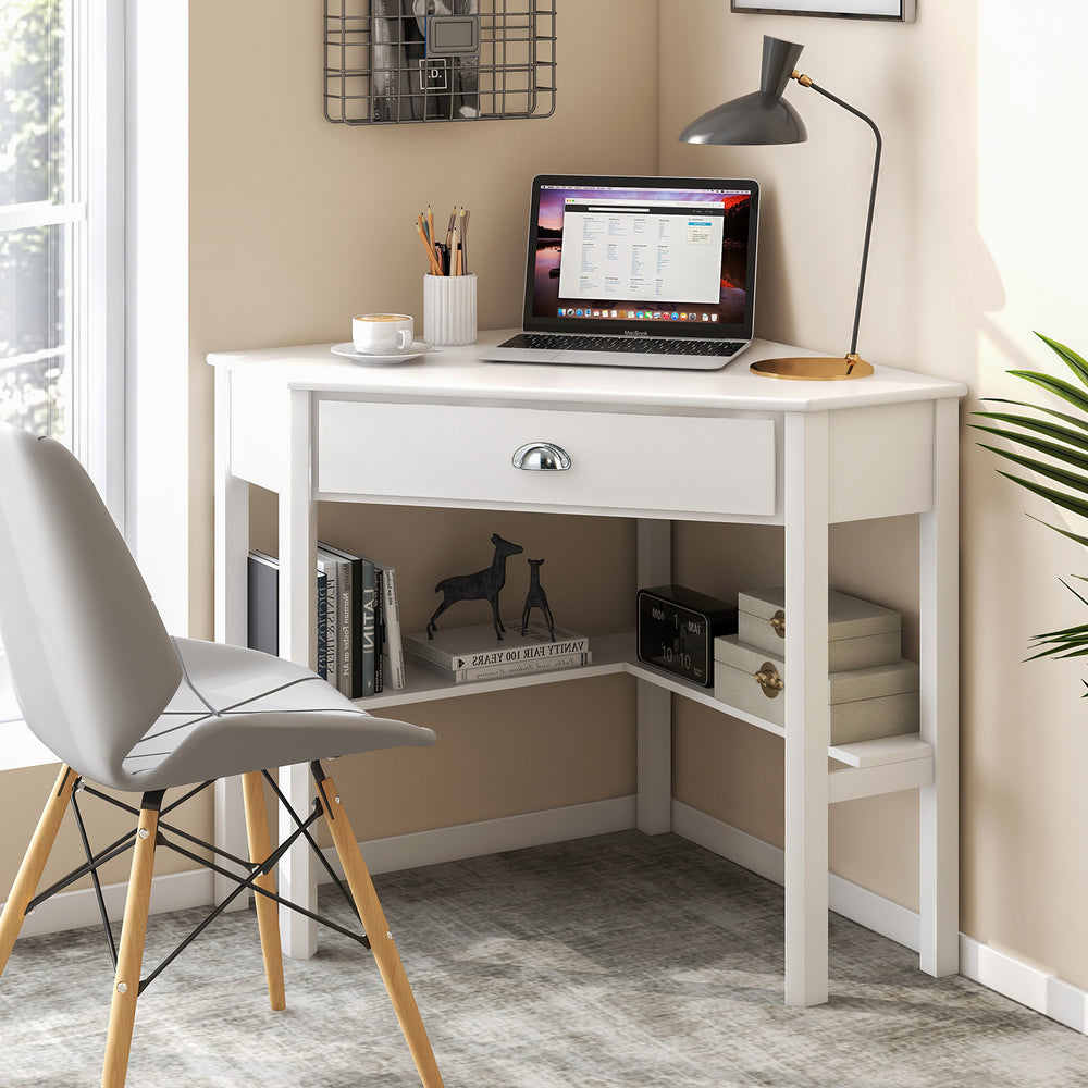 White corner wooden laptop desk with drawer and shelves, perfect for home office or study space.