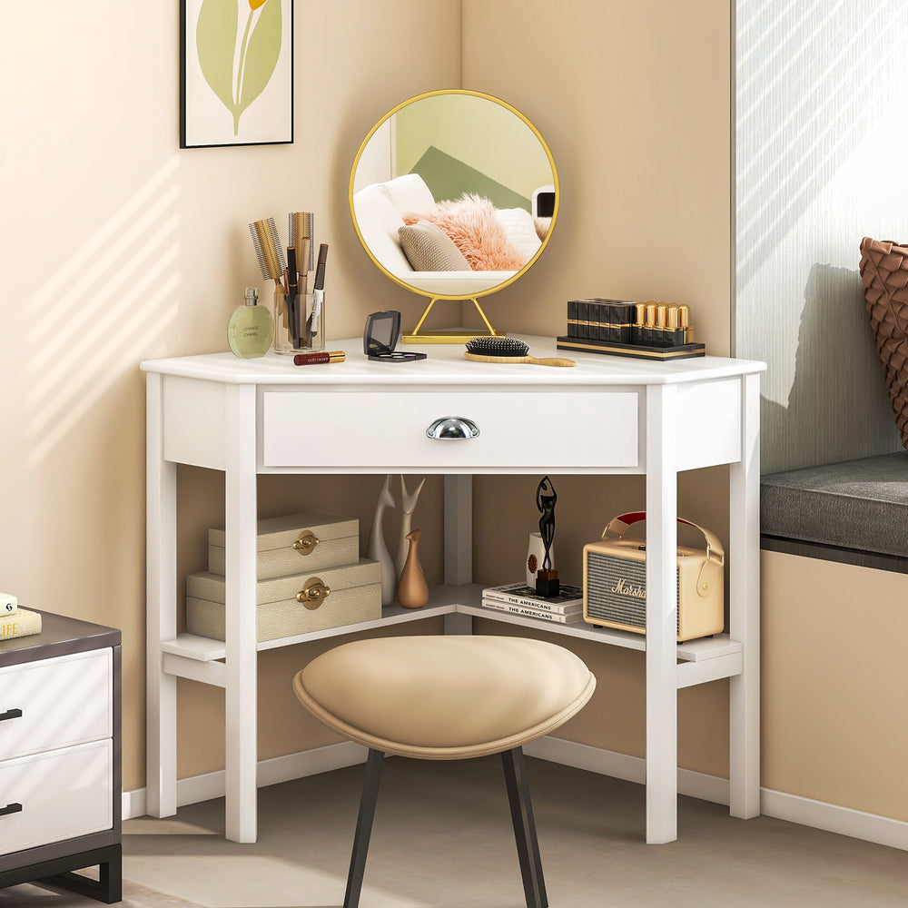 Corner wooden laptop desk in white with a drawer and two shelves, perfect for study or office use.