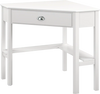 Corner wooden laptop desk in white with a drawer and two shelves, ideal for small spaces and modern interiors.