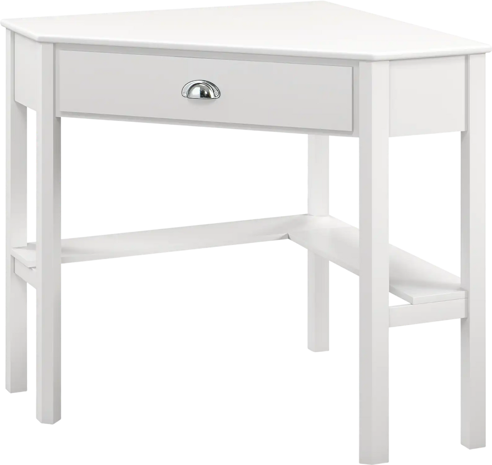 Corner wooden laptop desk in white with a drawer and two shelves, ideal for small spaces and modern interiors.