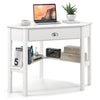 Corner wooden laptop desk in white with a drawer and shelves, perfect for home office or study use.