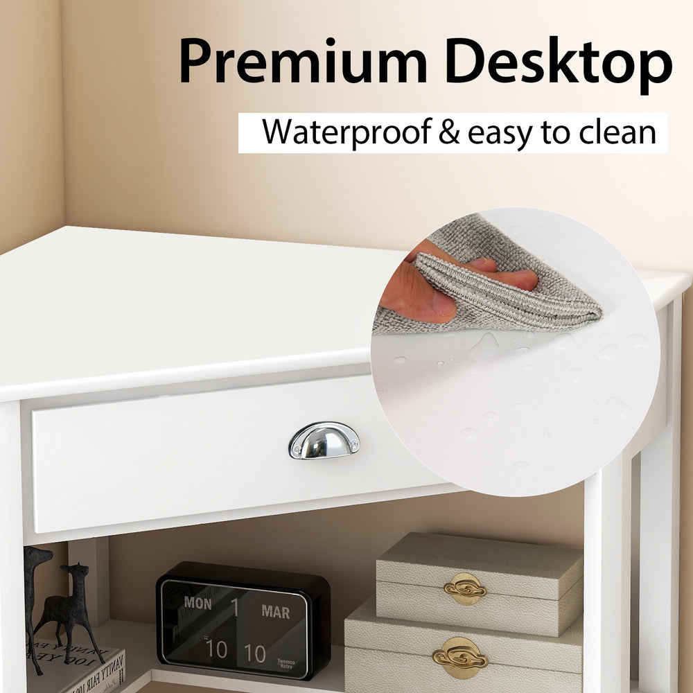 Corner wooden laptop desk in white with a smooth, waterproof surface, easy to clean, ideal for home or office use.