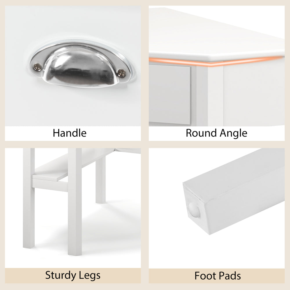 Close-up of the corner wooden laptop desk showing sturdy legs, handle, foot pads, and round angle for modern elegance.