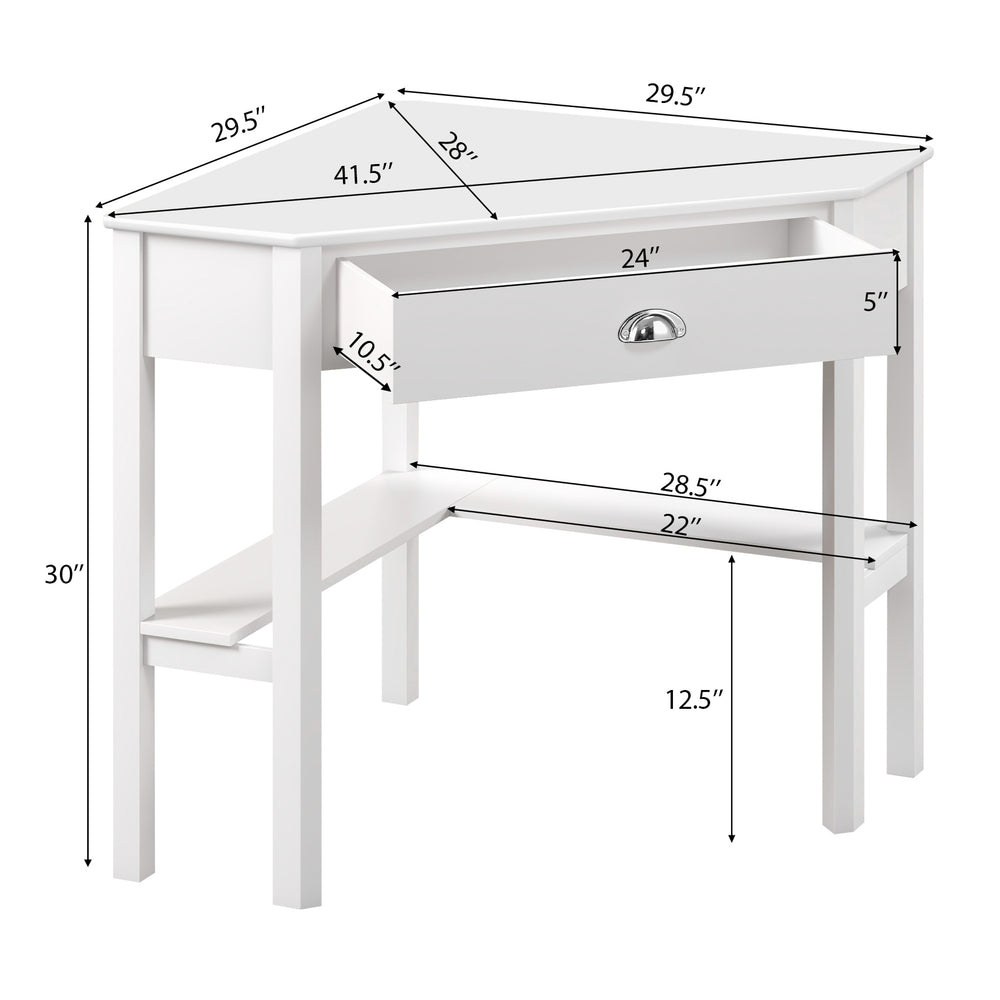 Corner wooden laptop desk in white with a drawer and two shelves, ideal for space-saving in any room.