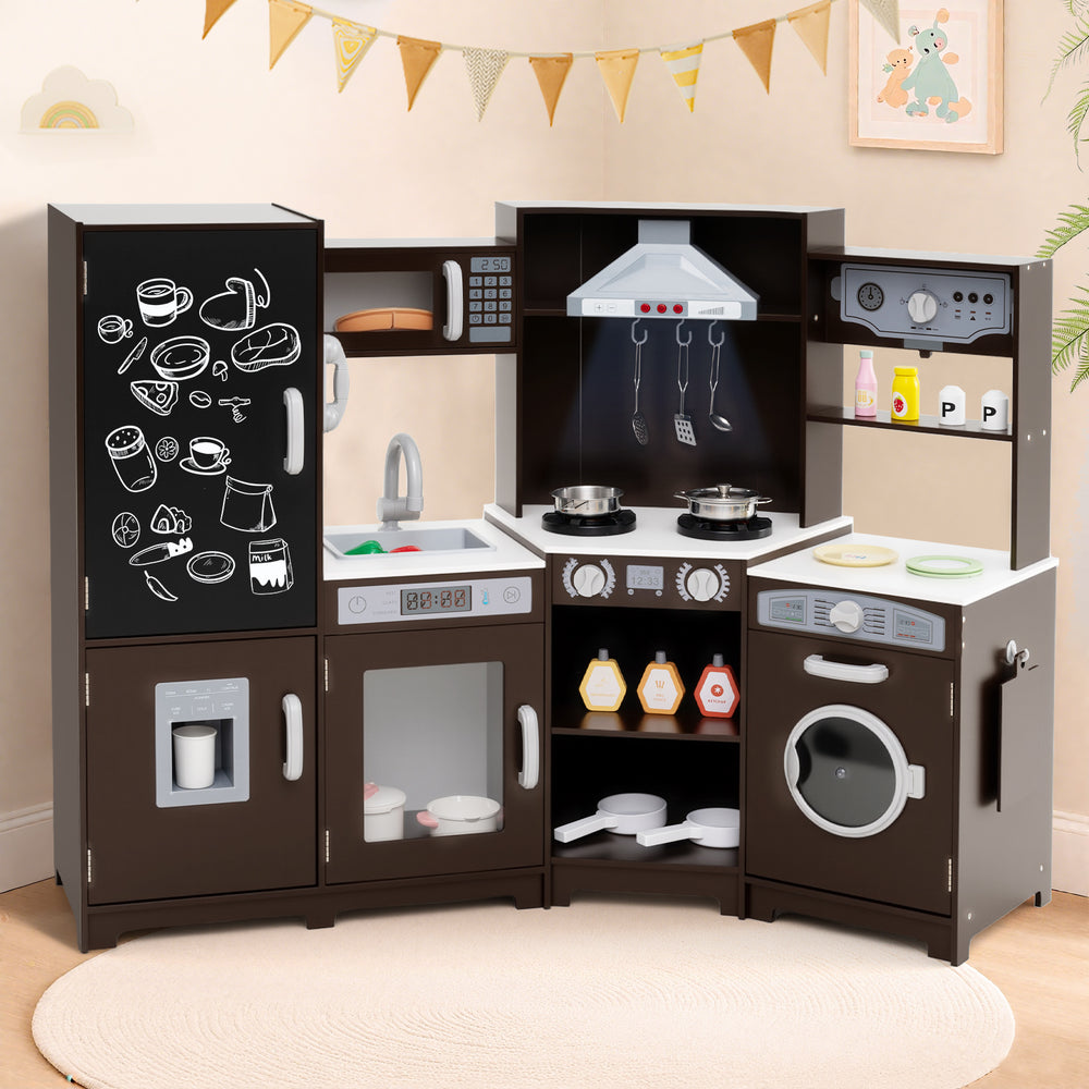 Corner Wooden Play Kitchen with Lights and Sounds Large Pretend Play Kitchen Set-Espresso - Gallery View 1 of 9