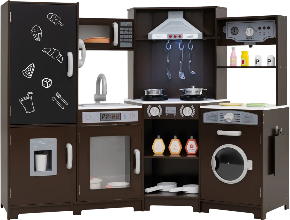 Corner wooden play kitchen set in espresso with lights, sounds, and accessories for imaginative pretend play.