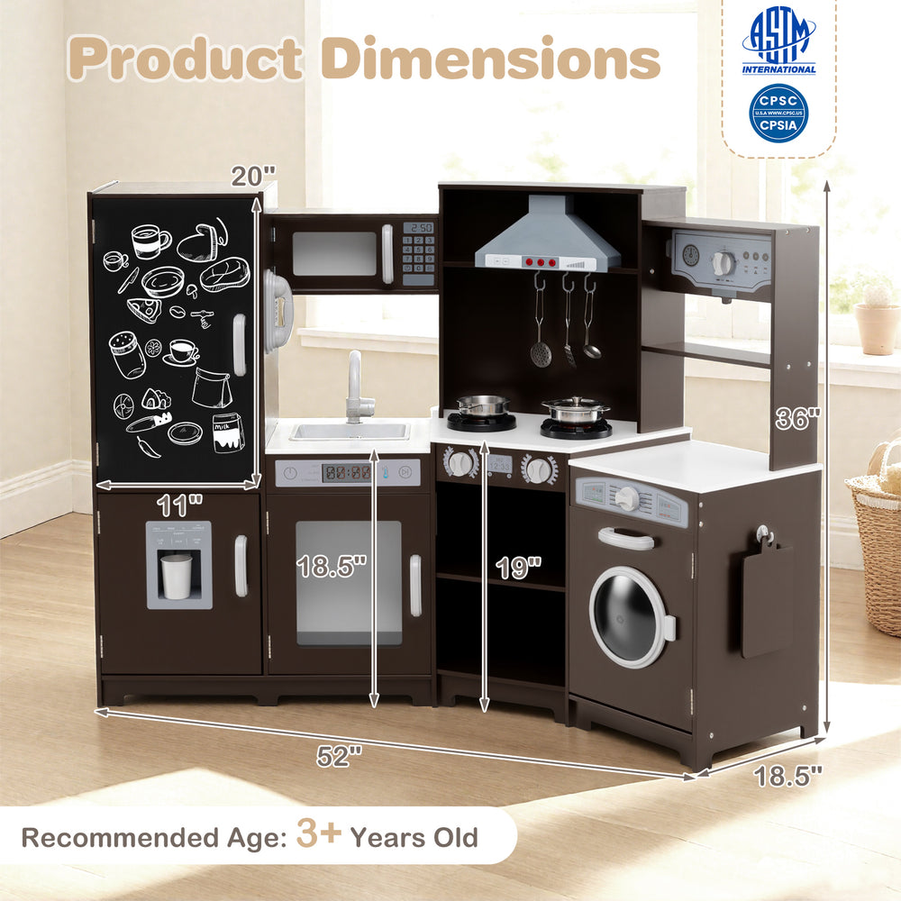 Detailed product dimensions of the espresso corner wooden play kitchen set, showcasing its space-saving design and.