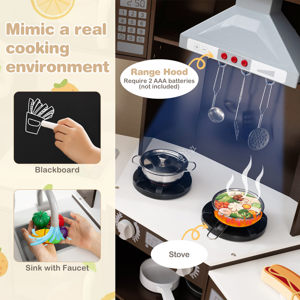 Corner wooden play kitchen with lights and sounds, featuring a stove, range hood, and sink for imaginative cooking fun.