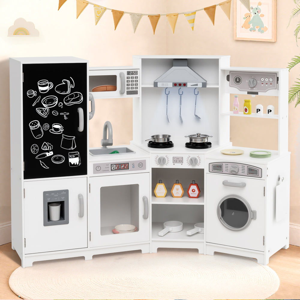 Corner Wooden Play Kitchen with Lights and Sounds Large Pretend Play Kitchen Set-White - Gallery View 1 of 9