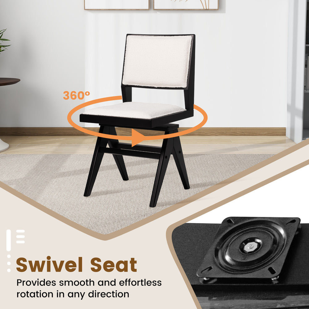Swivel wooden dining chair with black rubber wood frame and white faux sherpa seat, ideal for kitchen or living room.