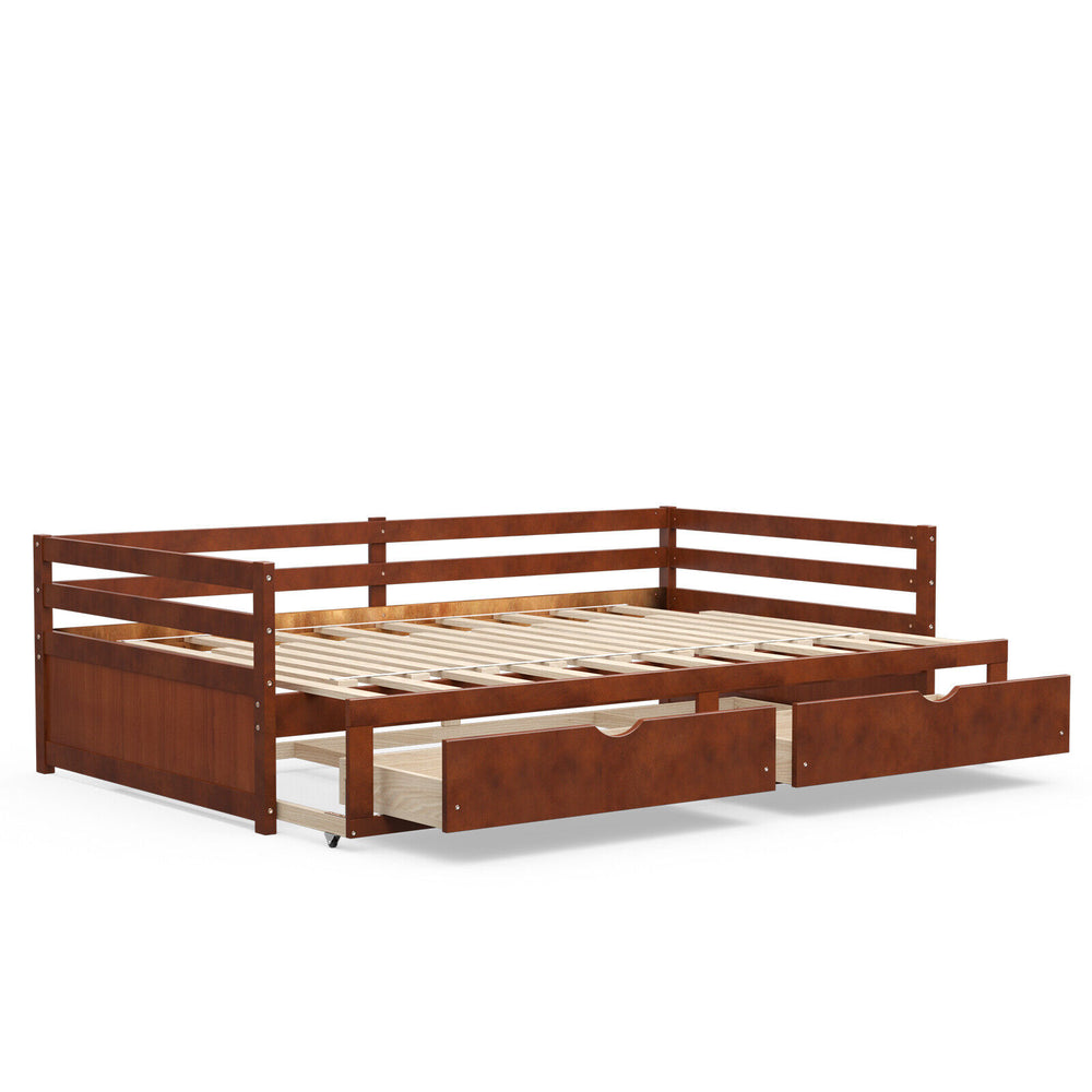 Extendable twin to king daybed with trundle and 2 storage drawers in a sturdy wood frame for versatile sleeping.