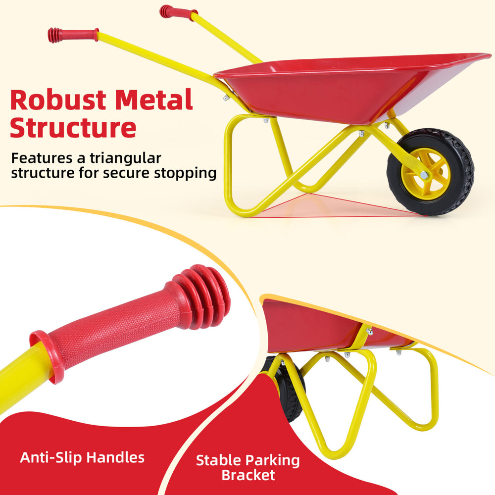 Kids wheelbarrow with red metal structure, anti-slip handles, and all-terrain wheels for hauling toys and leaves.
