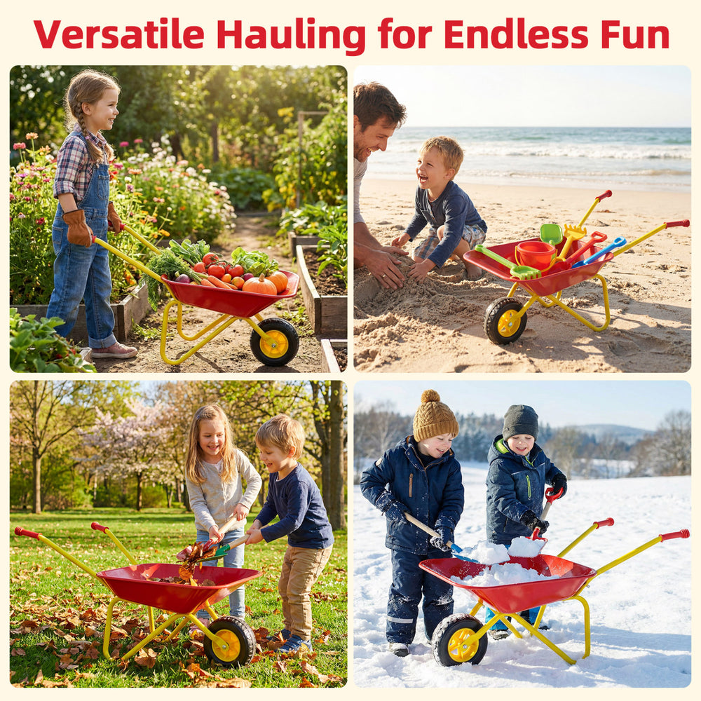 Kids wheelbarrow in red with all-terrain wheels, perfect for hauling toys, leaves, sand, or snow for outdoor fun.
