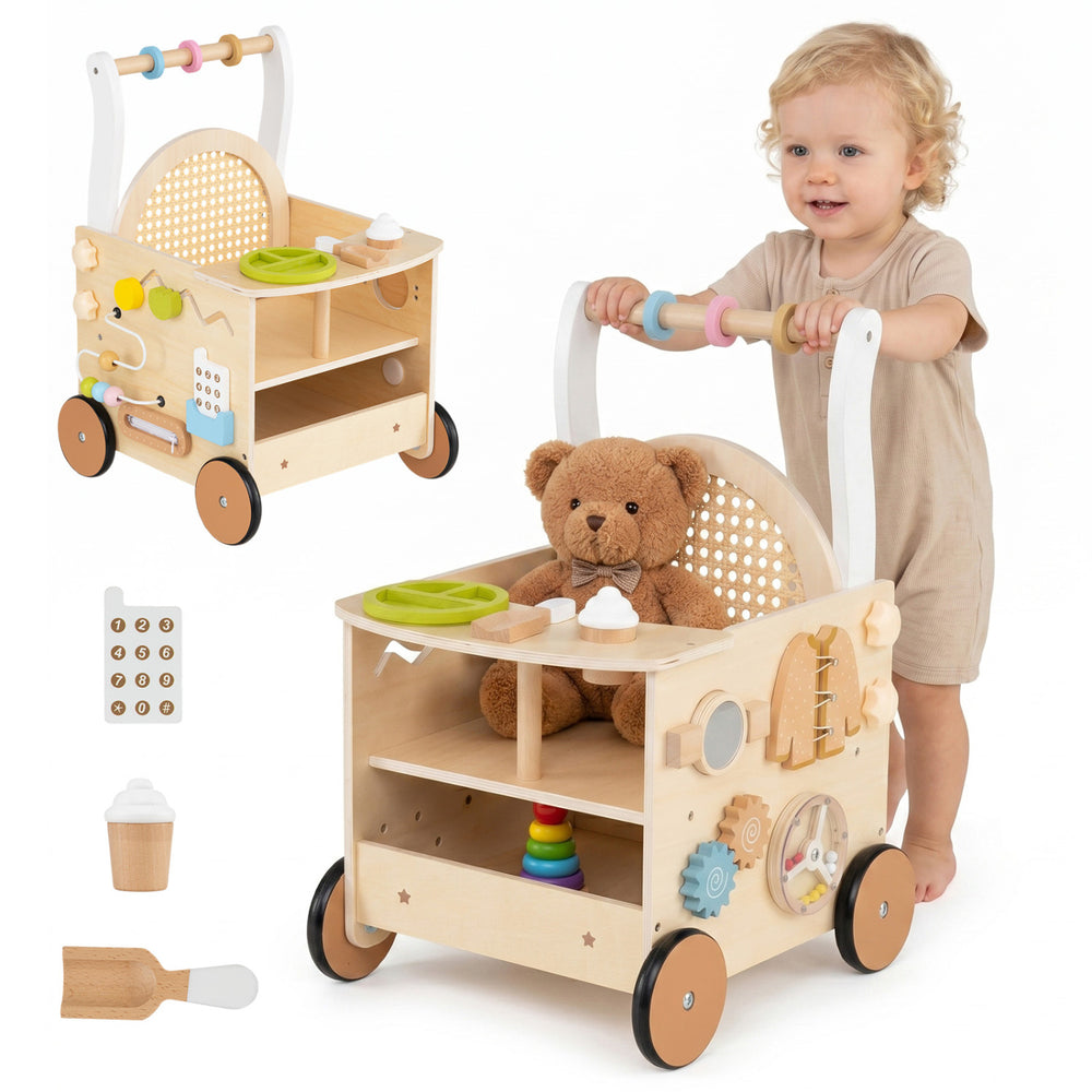 Wooden baby walker with wheels and storage, featuring engaging activities for toddlers aged 1+, perfect for learning play.