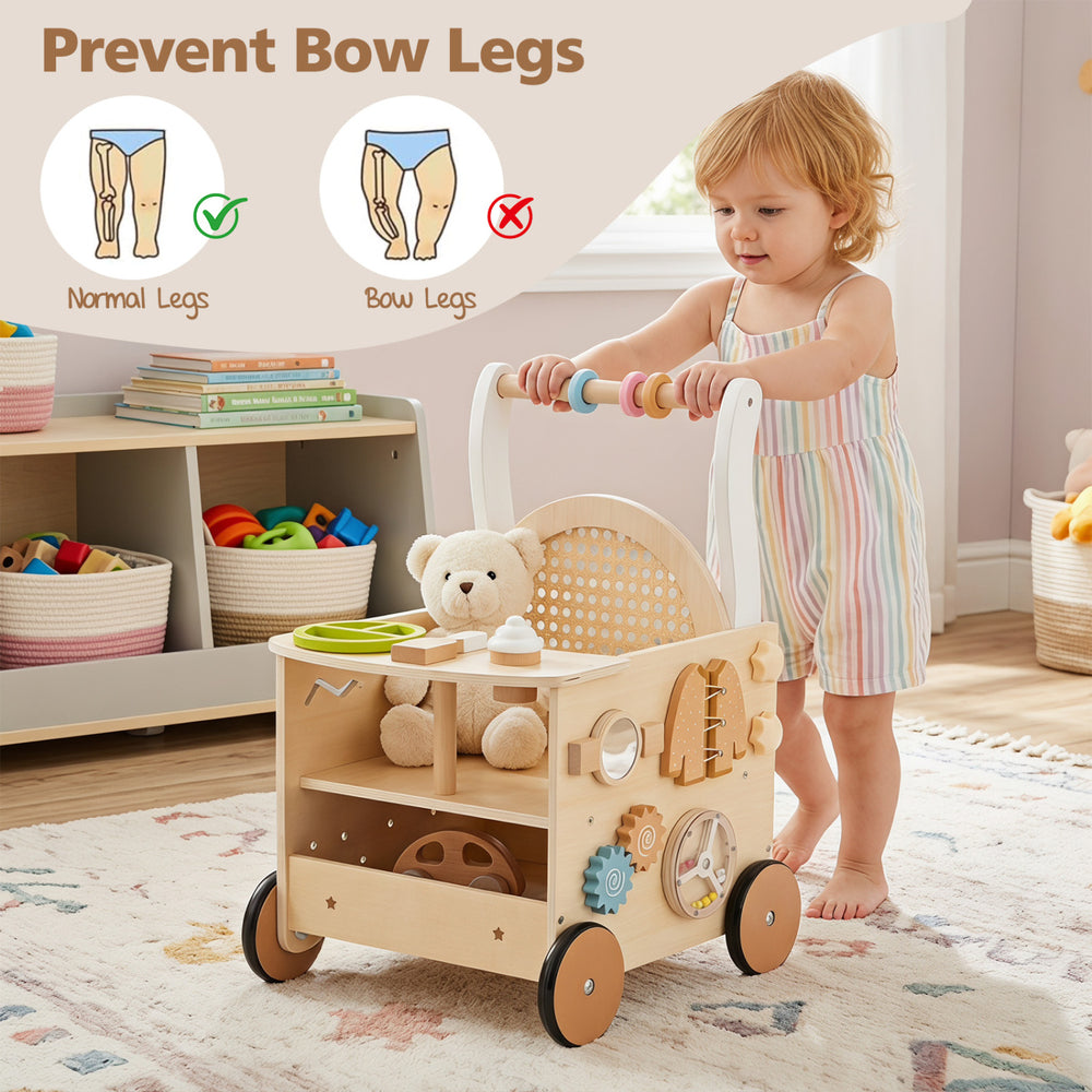 Wooden baby walker with wheels, storage, and engaging activities designed to promote normal leg development for toddlers.