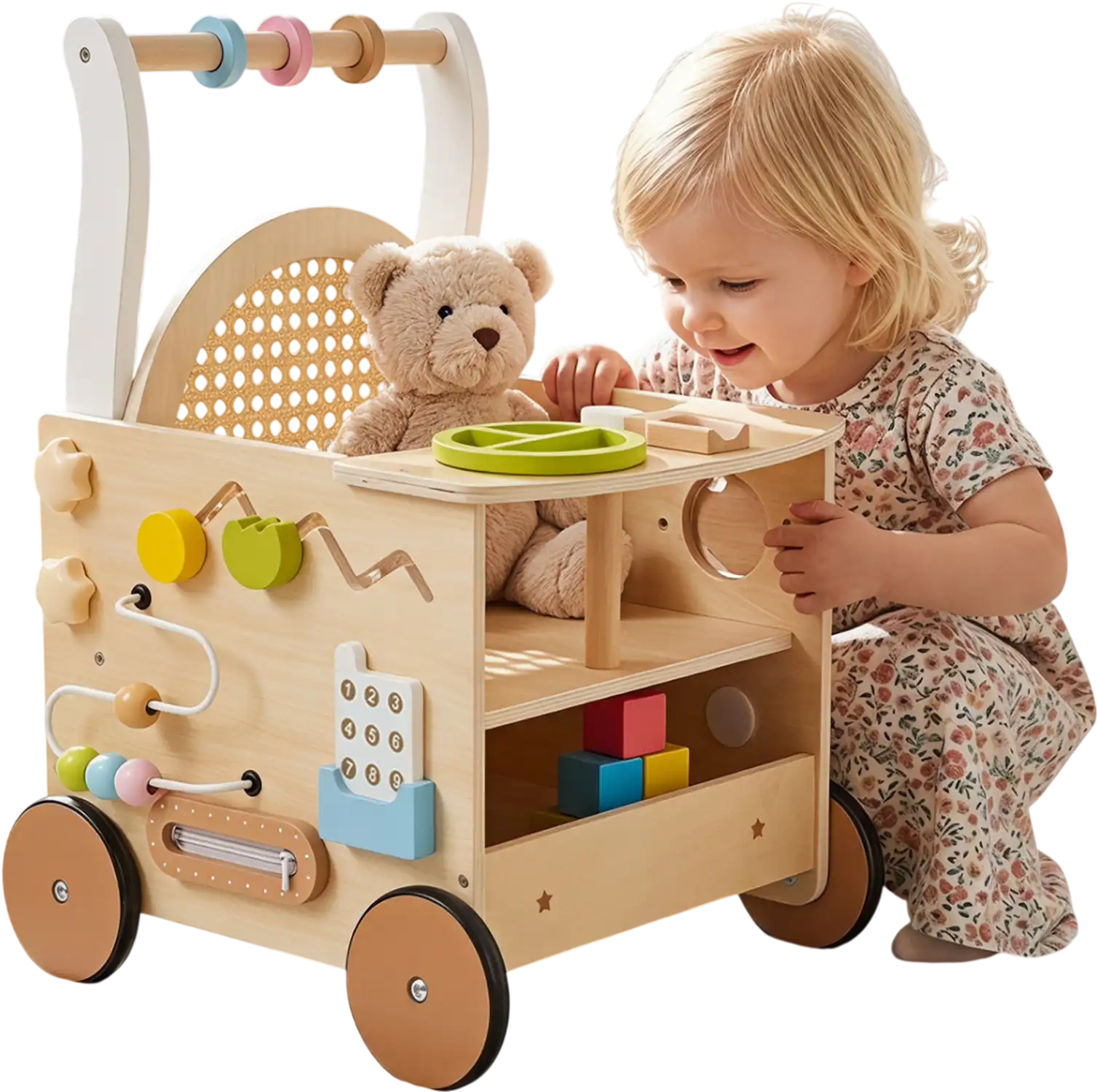 Costway 13-in-1 Toddler Wooden Push Walker with Wheels Storage 47594720 New