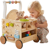 Wooden baby walker with wheels features engaging activities, storage, and a cozy seat for dolls, perfect for toddlers aged 1+.
