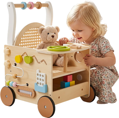 Costway 13-in-1 Toddler Wooden Push Walker with Wheels Storage 47594720 New