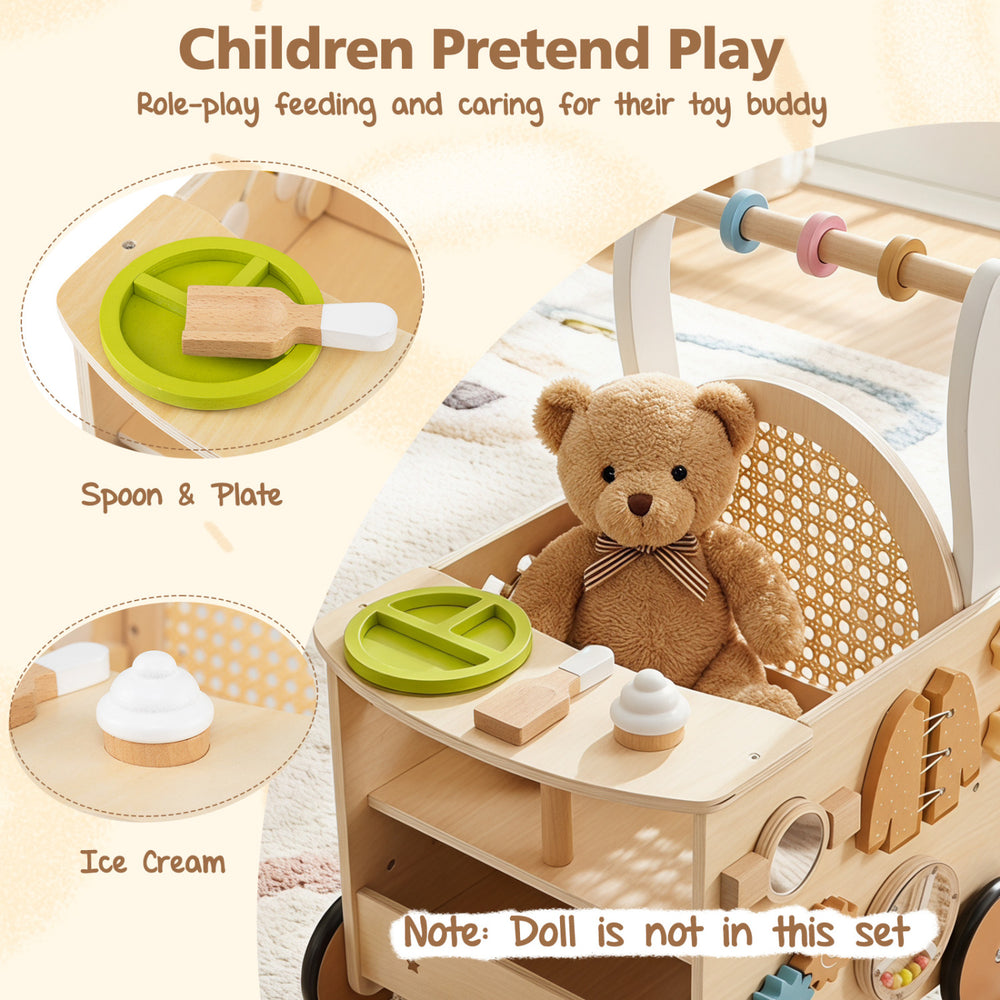 Wooden baby walker with storage, ice cream, spoon, and plate for pretend play, designed for toddlers aged 1+.