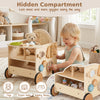 Wooden baby walker with wheels and storage features engaging activities, a hidden compartment, and a cozy seat for dolls.