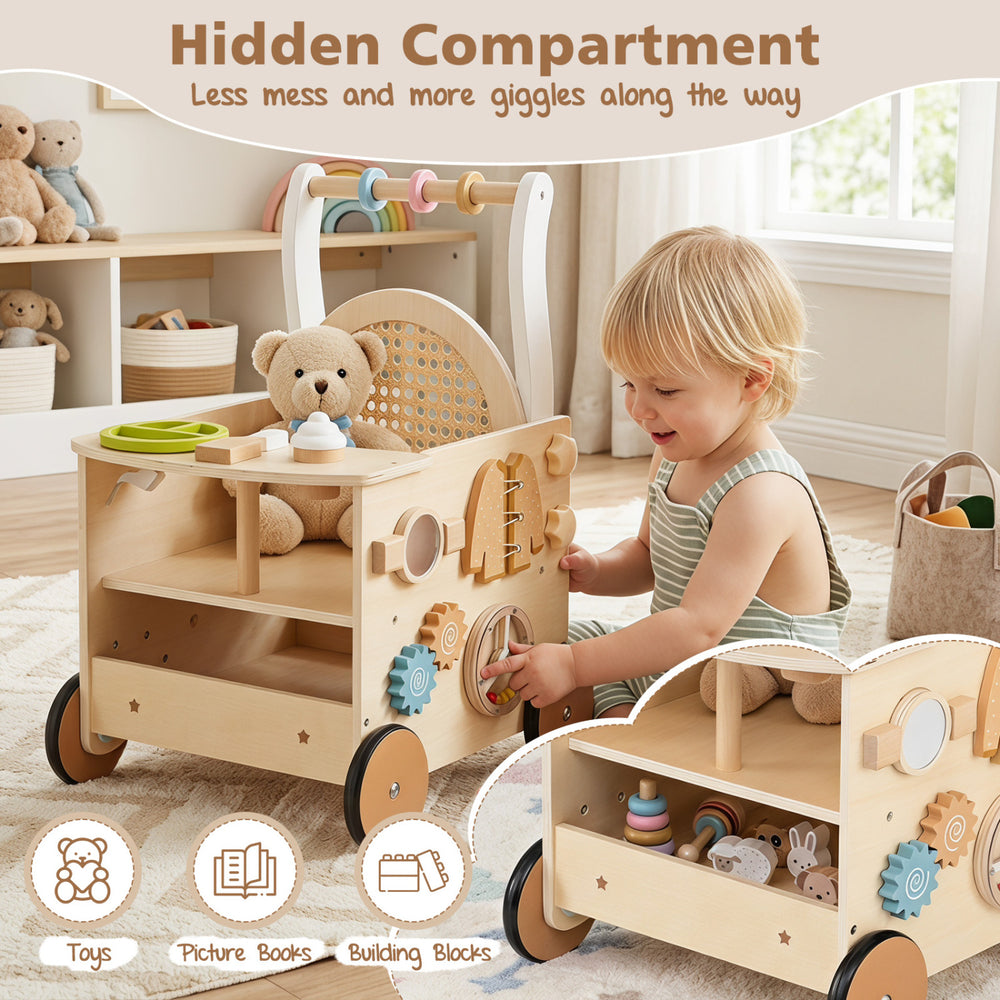 Wooden baby walker with wheels and storage features engaging activities, a hidden compartment, and a cozy seat for dolls.