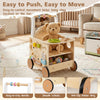 Wooden baby walker with smooth wheels, easy-to-grip handle, and storage for engaging activities, perfect for toddlers aged 1+.