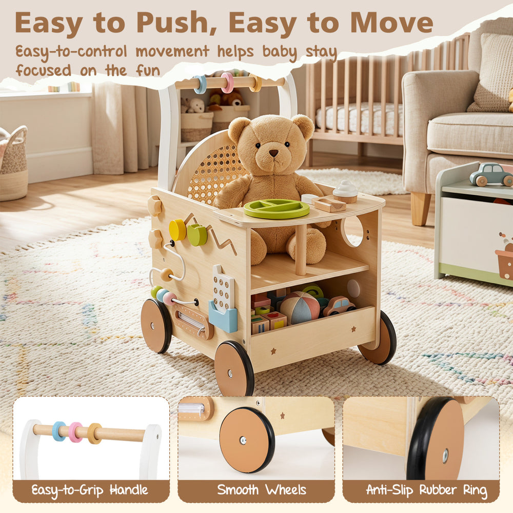 Wooden baby walker with smooth wheels, easy-to-grip handle, and storage for engaging activities, perfect for toddlers aged 1+.