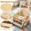 Wooden baby walker with wheels features an artificial rattan surface, engaging activities, and protective edges for safety.