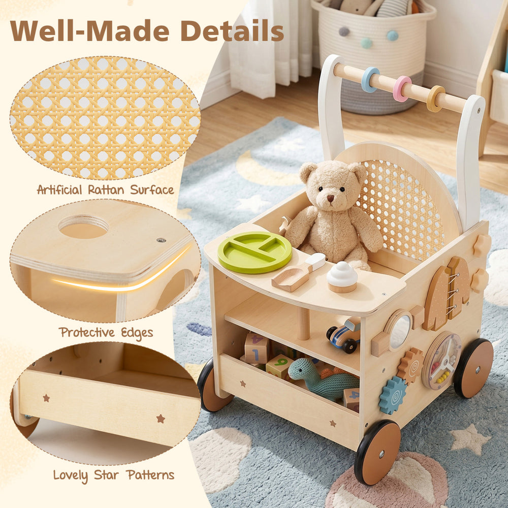 Wooden baby walker with wheels features an artificial rattan surface, engaging activities, and protective edges for safety.