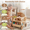 Wooden baby walker with storage and engaging activities, promoting fine motor skills and hand-eye coordination for toddlers.