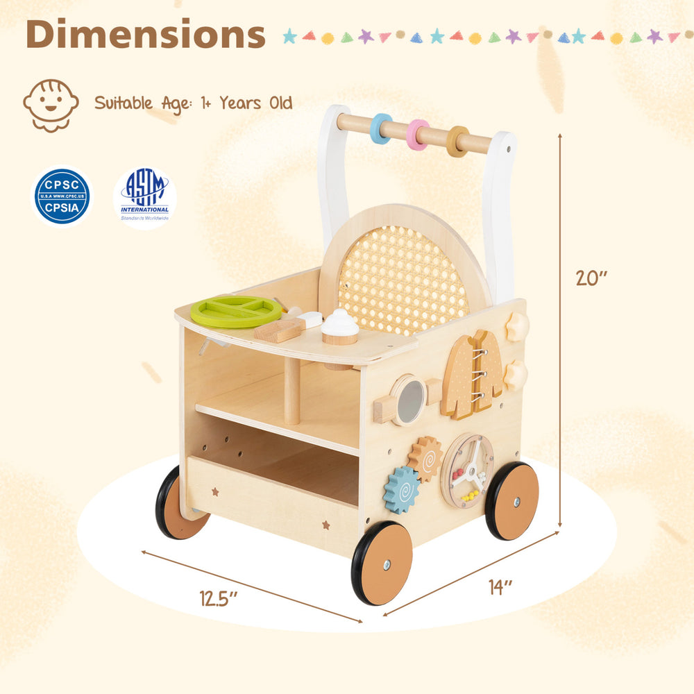 Wooden baby walker with wheels, storage, and engaging activities for toddlers aged 1+, designed for safe and fun play.