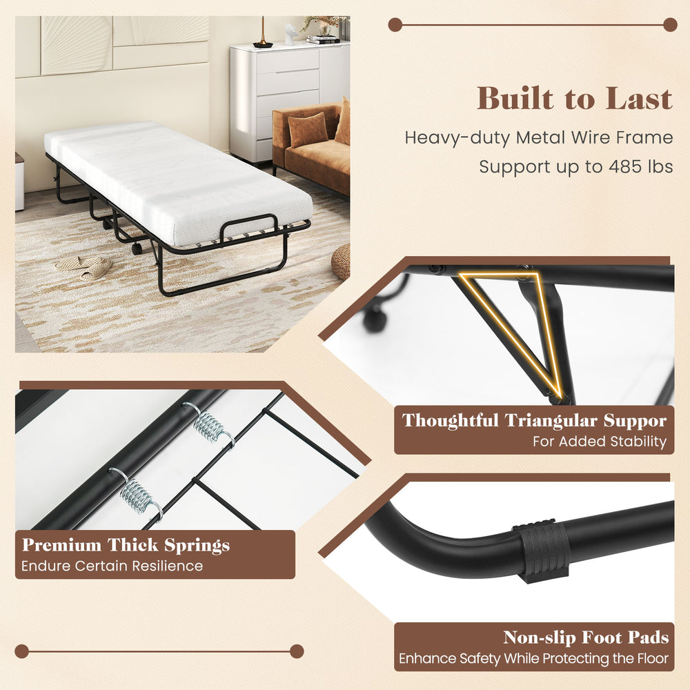 Folding bed frame with memory foam mattress, heavy-duty metal construction, supports 485 lbs, ideal for guest rooms.