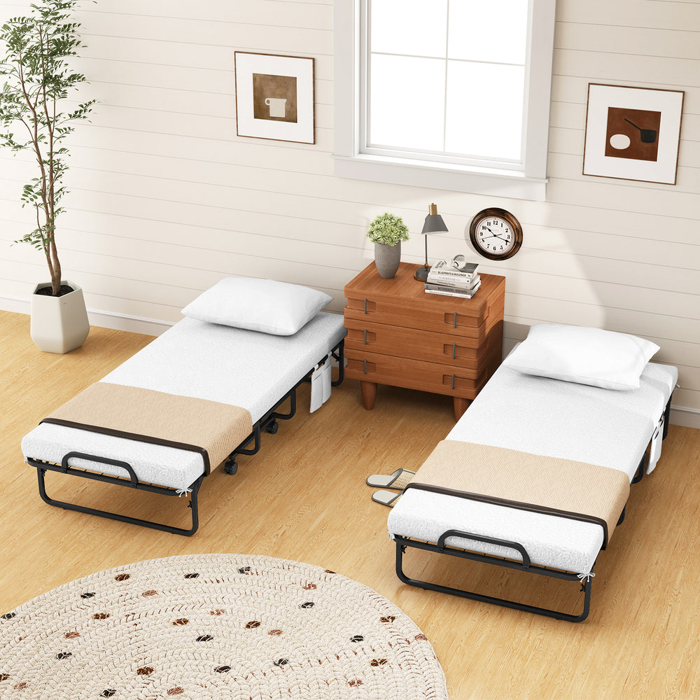 Narrow twin rollaway bed set with memory foam mattresses, soft pillows, and side organizer pockets for convenient.