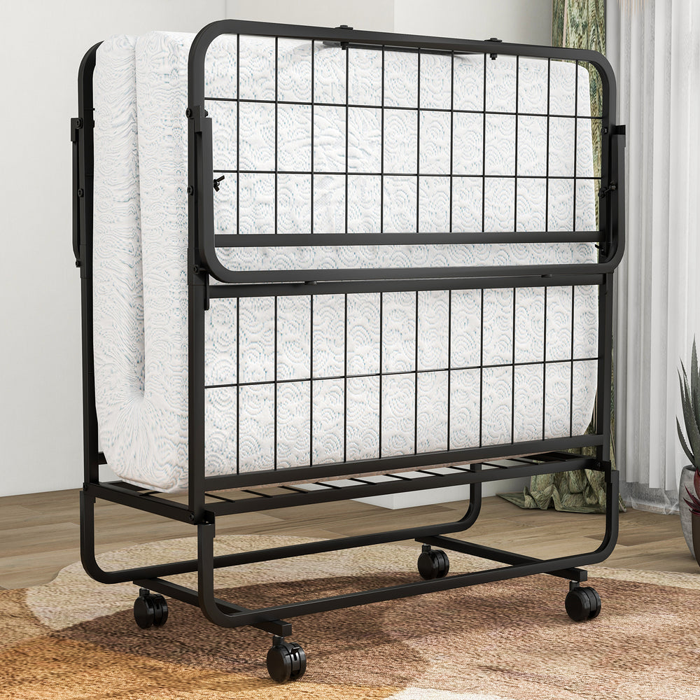 Narrow twin rollaway bed with soft pillow, sturdy metal frame, and removable cover for easy cleaning and maintenance.