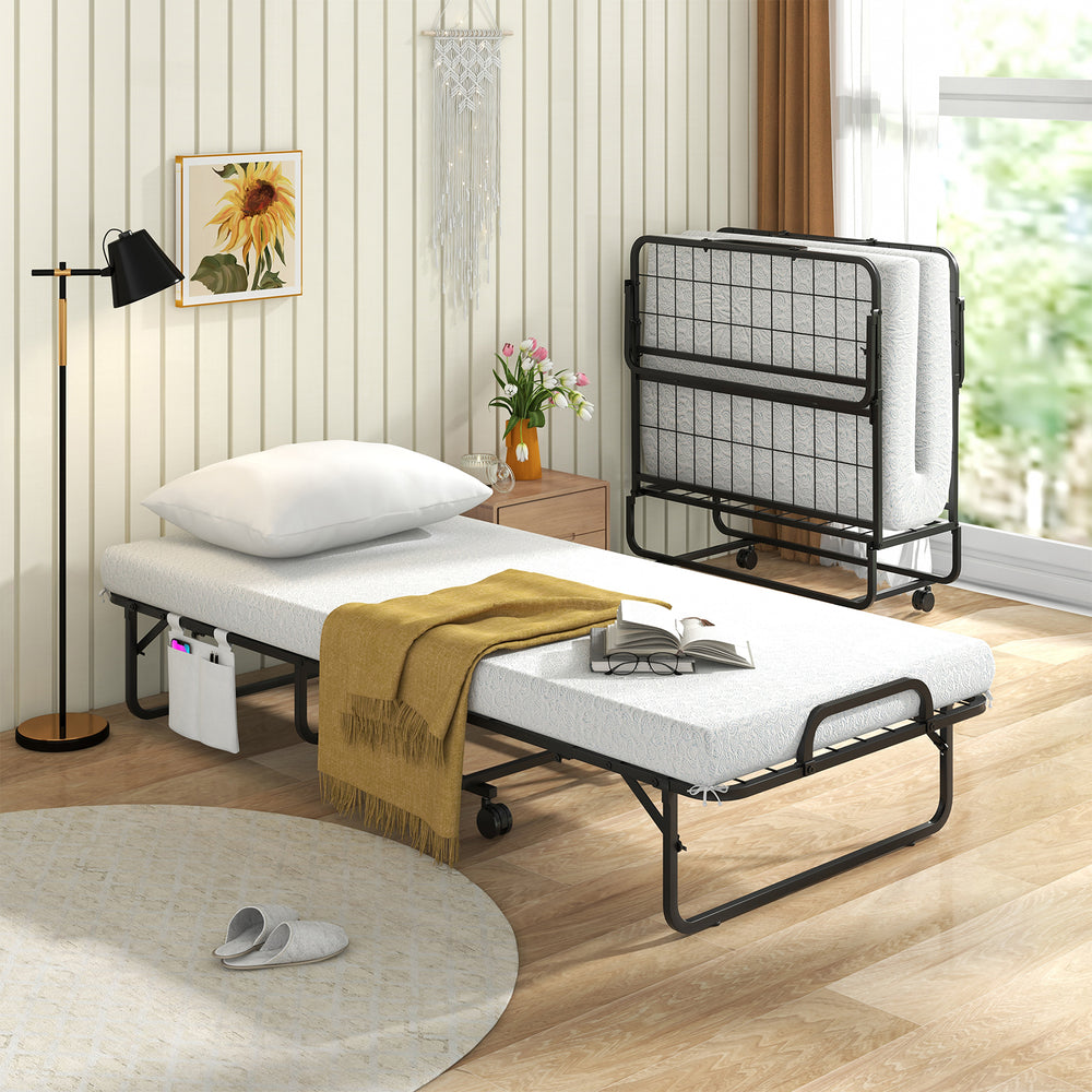 Narrow twin rollaway bed with memory foam mattress, soft pillow, and side organizer pocket for compact storage.